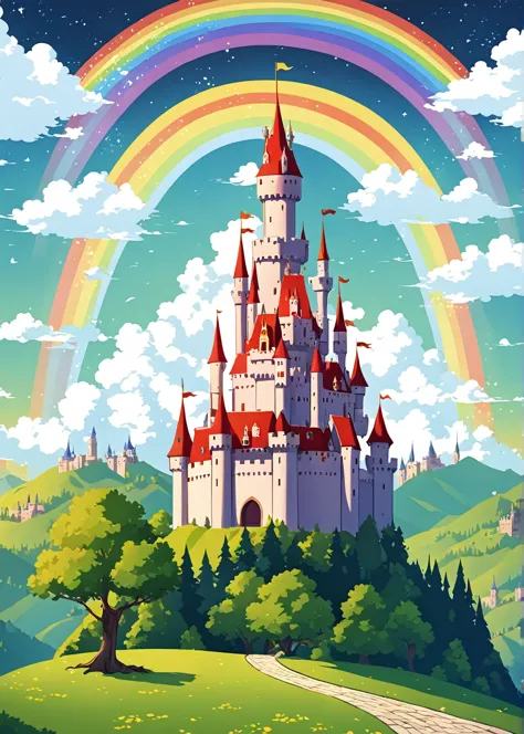 A cartoon castle，There is a rainbow in the sky and trees, Castle Background, Dream Castle, medieval Castle Background, Fairy tal...