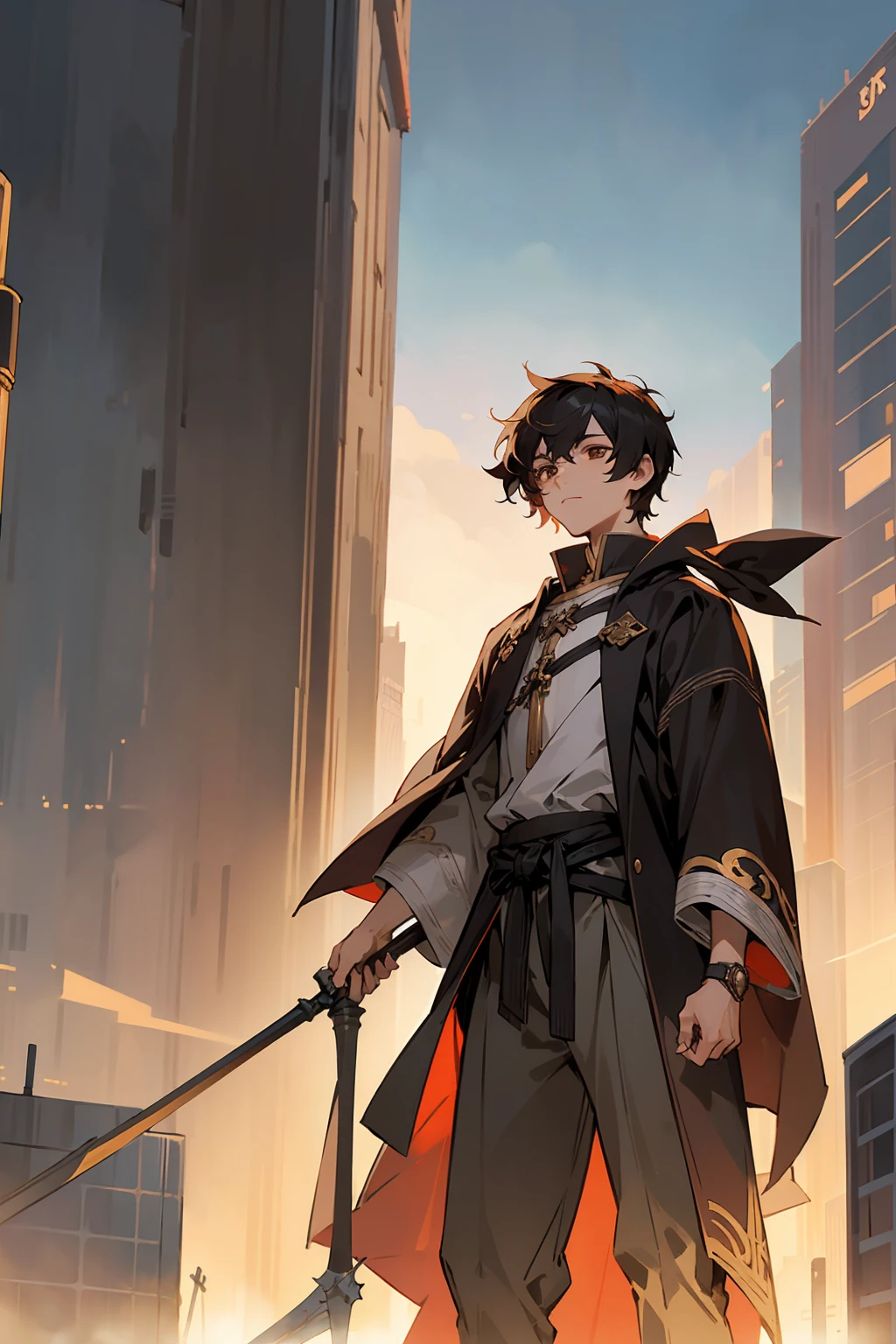 1male, Male, Black Short Fluffy Hair, Brown Eyes, Perfect Generation, Masterpiece Quality, Standing In city, Spear in Hand