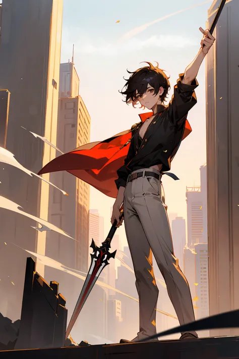 1male, male, black short fluffy hair, brown eyes, perfect generation, masterpiece quality, standing in city, spear in hand