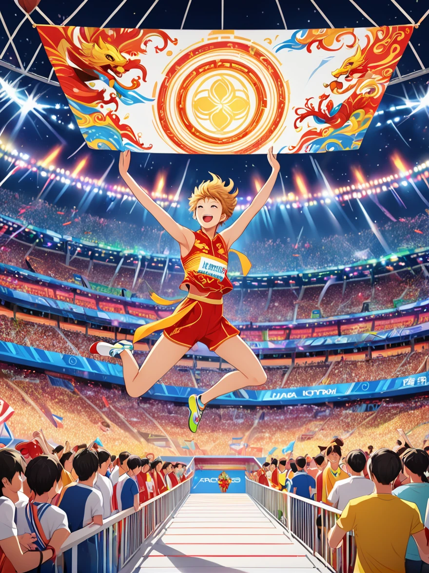 poster，Fortschrittlich，surreal，Fantastische Wirkung，Son Wukong in der chinesischen Mythologie，Hochsprungwettkampf bei den Olympischen Spielen，Flieg einfach über die Reling，glücklicher Ausdruck，Frohe Menge im Hintergrund，Buntes Stadion，Die angespannte Atmosphäre des Spiels，Buntes Licht im Stadion，Begeistertes Publikum，Jubelnde Menge，(beste Qualität，8k，Hohe Auflösung，Meisterwerk)，Superfein，uhd, äußerst detaillierte Beschreibung，wesentlich，Helle Farben，Illustration，Die Grafiken sind sehr beeindruckend，Tiefe，poster，warmer Farbton，Fortschrittlich配色，Blockbuster，Ultra klar，Design