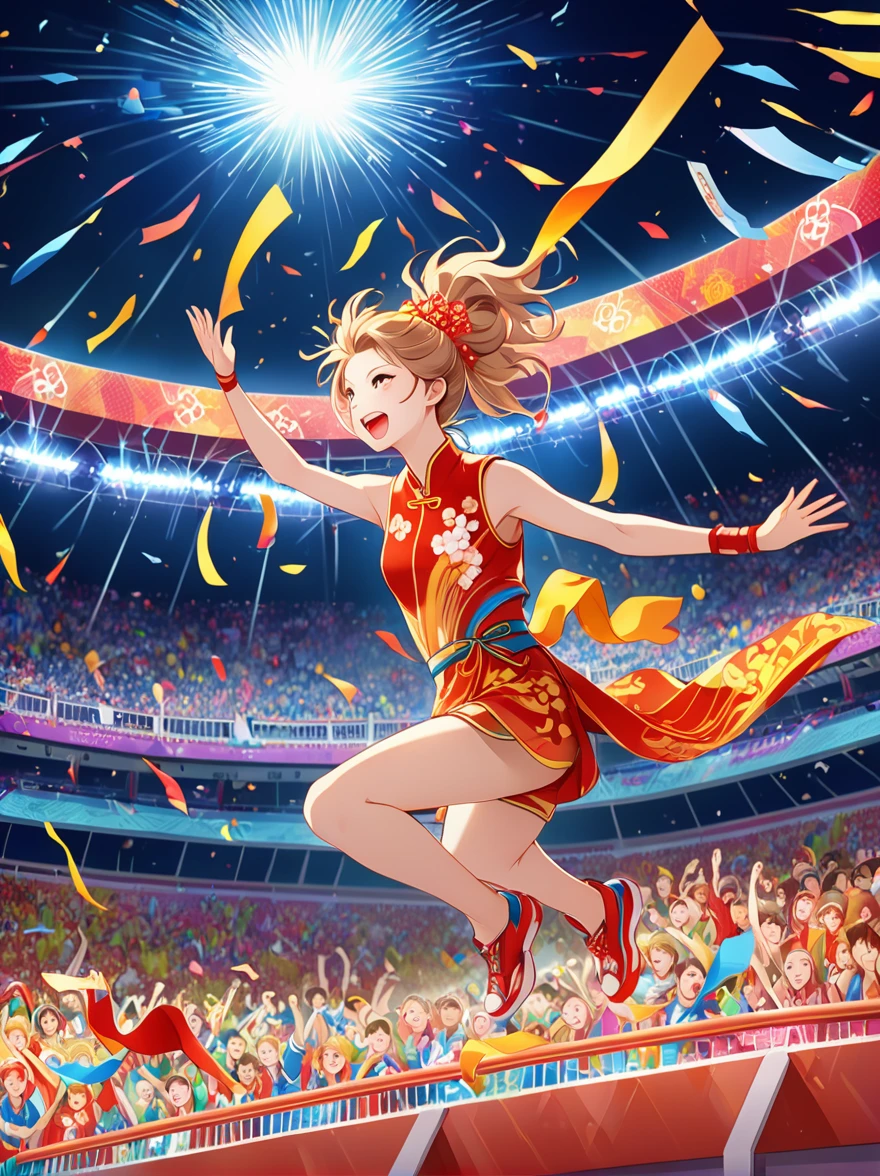 poster，advanced，Surreal，Fantastic effect，Sun Wukong in Chinese mythology，Competing in the high jump at the Olympics，Fly over the railing easily，Happy expression，Joyful crowd in the background，Colorful arena，The tense atmosphere of the game，Colorful lights in the stadium，Excited audience，Cheering crowd，(Best quality，8k，high resolution，masterpiece)，Super Fine，uhd, Extremely detailed description，major，Bright colors，illustration，The graphics are very impactful，Depth，poster，Warm color tone，advanced配色，Blockbuster，Ultra-clear，design