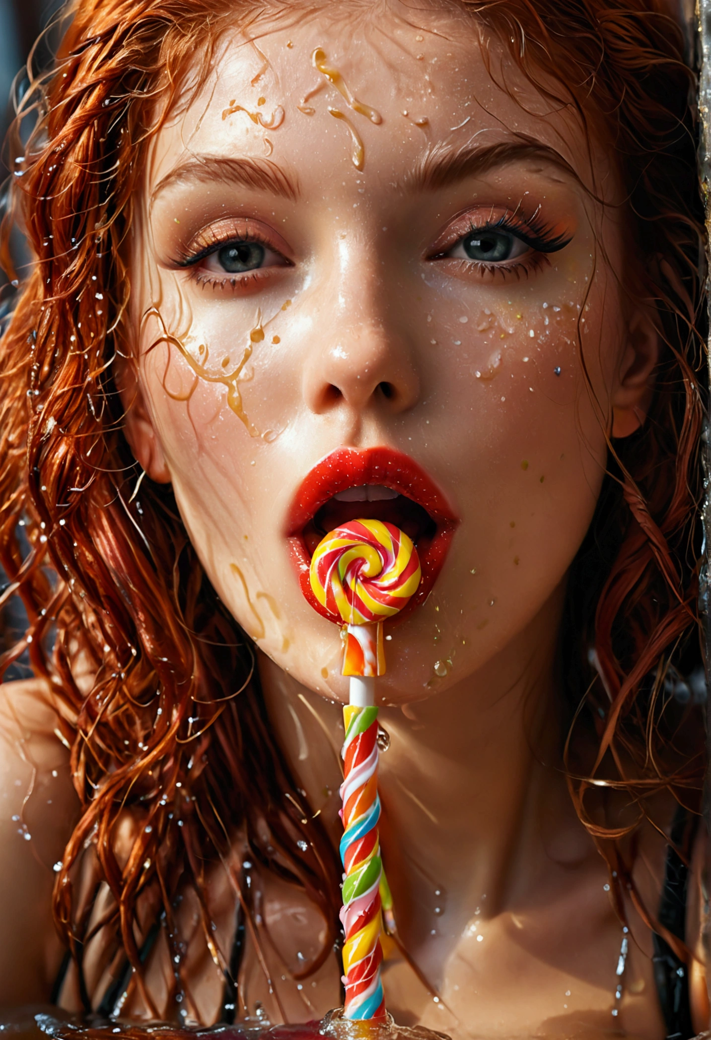 ultra realistic, photography, portrait, upper torso, red haired girl, 20 years old, hourglass figure, perfect body, supermodel, long legs, her wet tongue licking a long spiral lollipop, seductive look, long eyelashes