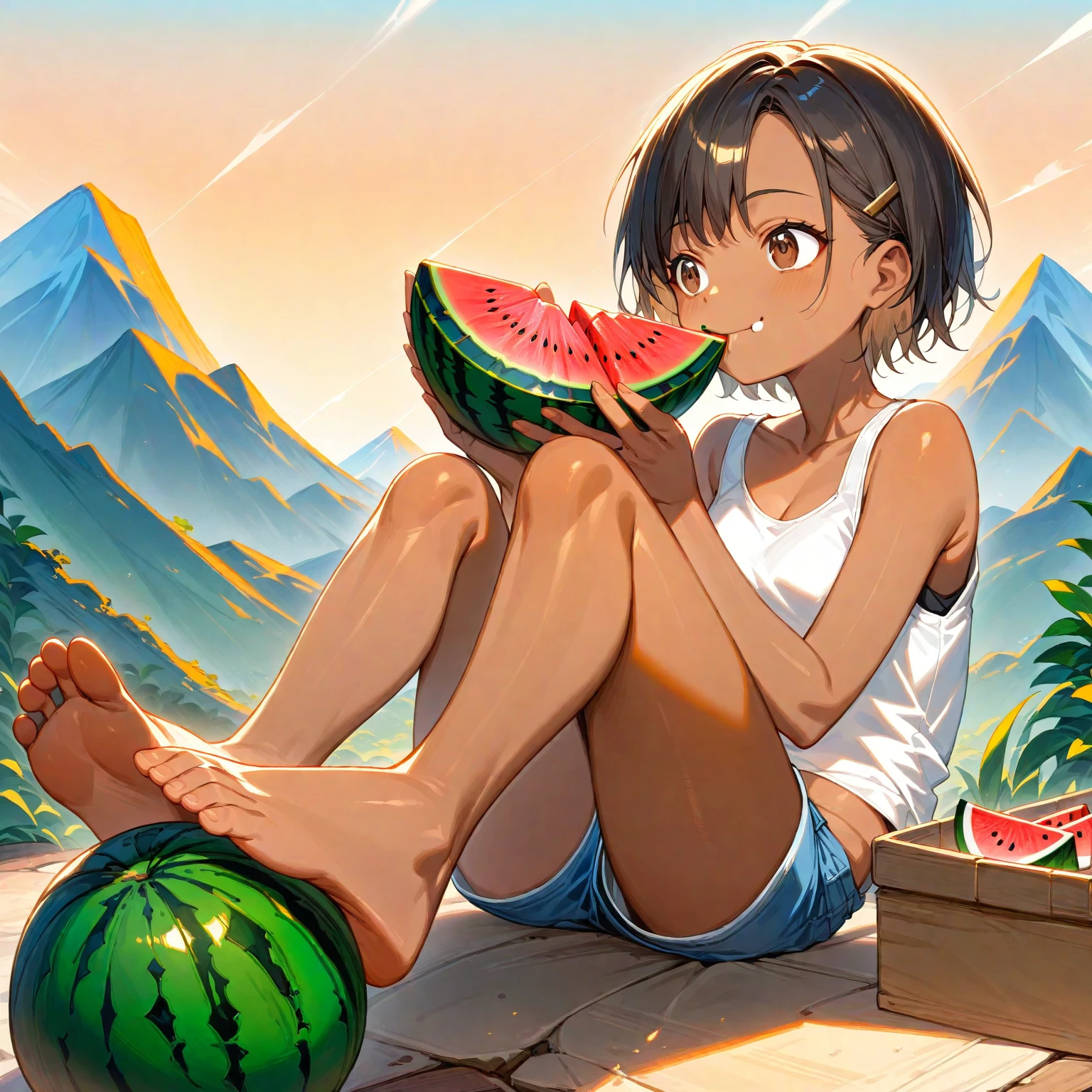 score_9, score_8_up, score_7_up,score_5_up, score_4_up, masterpiece, best quality, source_anime, high res image, masterpiece, best quality, 1 girl, Brown skin, shiny hair, ultra detailed eyes, eye highlights, short hair, black hair, brown eyes, white tank top, short shorts, smile,foot focus、 (eating watermelon:1.1), holding watermelon with both hands, verandah, sitting, Mountain in the distance 