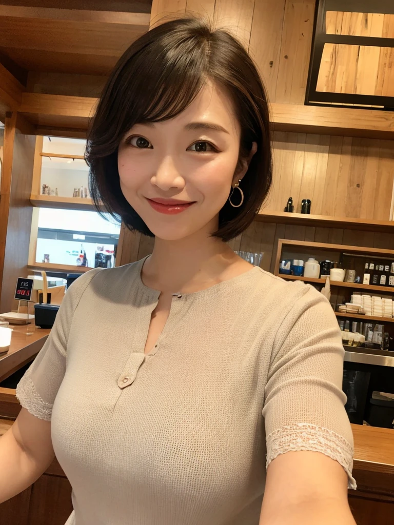 Osaka's aunt、Organic Photography、blur background, Highest quality、masterpiece、Ultra-high resolution、Looking at the audience、Smiling with teeth showing、Big Breasts、Wearing a plain short-sleeved blouse、Short Perm Hair、Earrings、A corner of a coffee shop,、Background Blur