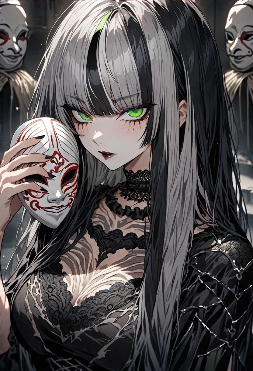 best quality,ultra detailed,extremely detailed and beautiful,perfect anatomy,perfect hands, (juufuutei_raden:1.3), (1 girl,solo),green eyes ,black hair,streaked hair,two-tone hair, grey hair, multicolored hair,long hair ,black choker , lace-trimmed choker, black frilled dress ,gothic dress ,noh mask,holding mask,