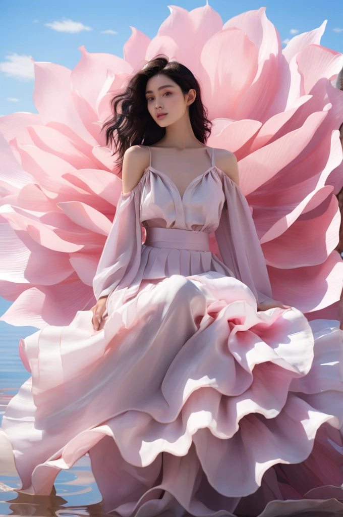 masterpiece,best quality,1 girl,blush powder,singles,black hair,long hair,skirt,lifelike,sitting,lake,water,reflection,white skirt,Wide sleeves,pink flowers,looking at the audience,Chest,Lips,Brown eyes,Bare shoulders,cloud,Sky,8k,Soft Light,