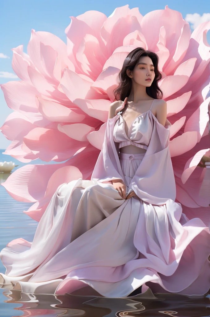 masterpiece,best quality,1 girl,blush powder,singles,black hair,long hair,skirt,lifelike,sitting,lake,water,reflection,white skirt,Wide sleeves,pink flowers,looking at the audience,Chest,Lips,Brown eyes,Bare shoulders,cloud,Sky,8k,Soft Light,