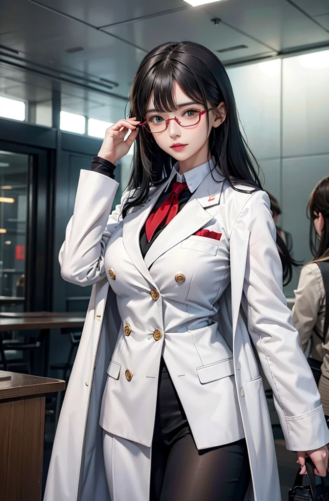 High resolution,woman,Small size,Black Hair,Double Braid Hairstyle,Bang bang,Green Eyes,Red glasses,In formal attire,uniform,White coat,Dark look,warship,ship aircraft carrier, Futuristic, sf, warplane, space, war