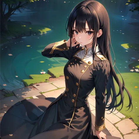 anime girl, all black uniform, gold buttons, long skirt, long black hair with bangs, black eyes, beautiful, small breasts, stoic...