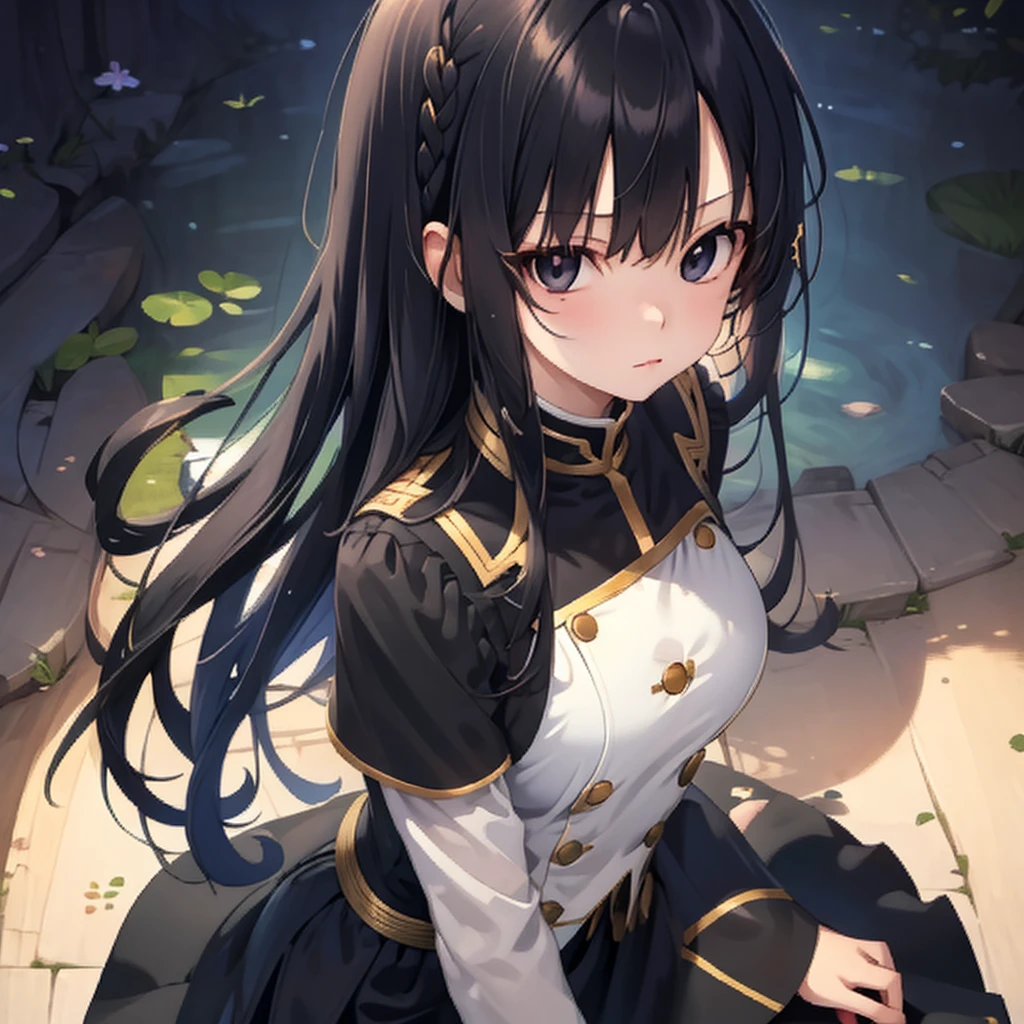 anime girl, all black uniform, gold buttons, long skirt, long black hair with bangs, black eyes, beautiful, small breasts, stoic, slender, calm, top view