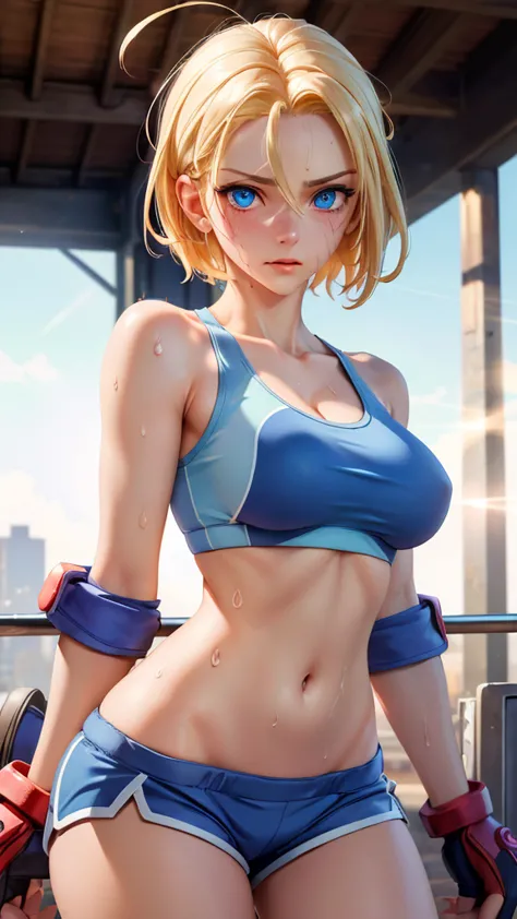 ((((masterpiece, best quality, high resolution)))), extremely detailed 8k, 1 female, (cammy white),(blue sports bra,shorts), (ul...