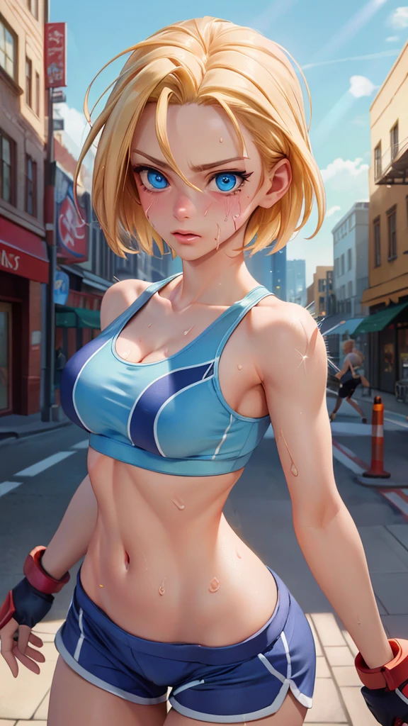 ((((masterpiece, best quality, high resolution)))), Extremely detailed 8K, 1 female, (Cammy White),(blue sports bra,shorts), (Ultra HD, Ultra-detailed, Highly detailed, Highly realistic, Ultra-realistic, photograph realistic), (1girl:1.5), (Realistic short blond hair), (dynamic poses), facing at camera, looking at viewer, (a serious focus face), (regular blue eyes, sharp eyes), (perky breasts:1.2), (beautiful detailed face, beautiful detailed eyes), ((slightly sweating)), (preparing for a workout), sweat, glow, (sunbeam, sunlight), ((cowboy shot)), streets background, seductive, EnvyBetterHands LoCon,