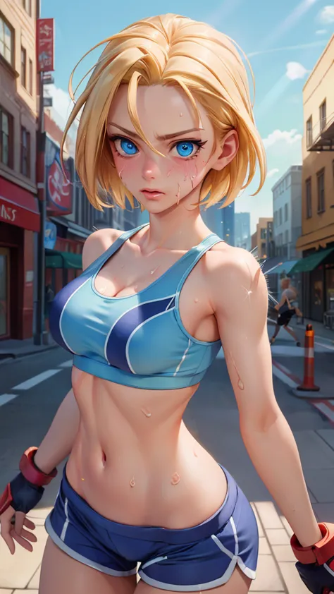 ((((masterpiece, best quality, high resolution)))), extremely detailed 8k, 1 female, (cammy white),(blue sports bra,shorts), (ul...