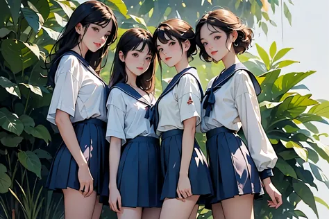 (Perfect Face,Illustration of three women in different clothes)、(Three Girls、For 3 people、natural standing posture)、(Girls in line)、( Half-body illustration)、(Character Concept Art)、(Detailed facial depiction、A kind smile)、Short dark brown hair、White Sailor Suit、Navy blue sailor collar、mini skirt、Pleated skirt、shoes、loafers、(Vintage、Classic)、(No logo)、(Watercolor of singer Sargent)、Impressionist style painting、White Background、(Front view:1.4)、(masterpiece, Highest quality:1.2),