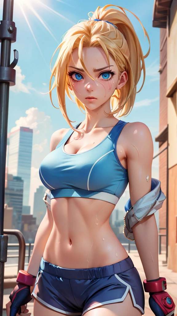 ((((masterpiece, best quality, high resolution)))), Extremely detailed 8K, 1 female, (Cammy White),(blue sports bra,shorts), (Ultra HD, Ultra-detailed, Highly detailed, Highly realistic, Ultra-realistic, photograph realistic), (1girl:1.5), (Realistic very long Braided Ponytail blond hair), (dynamic poses), facing at camera, looking at viewer, (a serious focus face), (regular blue eyes, sharp eyes), (perky breasts:1.2), (beautiful detailed face, beautiful detailed eyes), ((slightly sweating)), (preparing for a workout), sweat, glow, (sunbeam, sunlight), ((cowboy shot)), streets background, seductive, EnvyBetterHands LoCon,