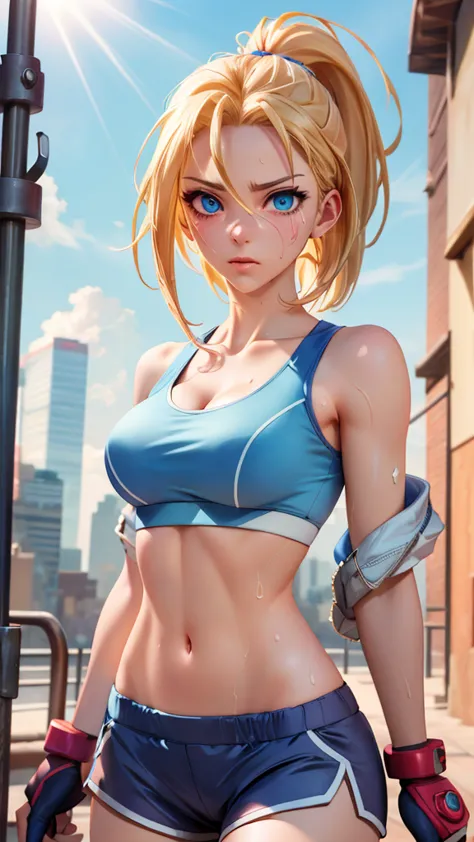 ((((masterpiece, best quality, high resolution)))), Extremely detailed 8K, 1 female, (Cammy White),(blue sports bra,shorts), (Ul...