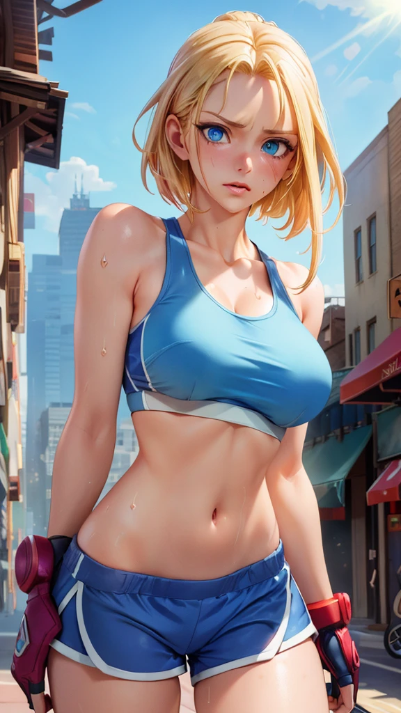 ((((masterpiece, best quality, high resolution)))), Extremely detailed 8K, 1 female, (Cammy White),(blue sports bra,shorts), (Ultra HD, Ultra-detailed, Highly detailed, Highly realistic, Ultra-realistic, photograph realistic), (1girl:1.5), (Realistic very long Braided Ponytail blond hair), (dynamic poses), facing at camera, looking at viewer, (a serious focus face), (regular blue eyes, sharp eyes), (perky breasts:1.2), (beautiful detailed face, beautiful detailed eyes), ((slightly sweating)), (preparing for a workout), sweat, glow, (sunbeam, sunlight), ((cowboy shot)), streets background, seductive, EnvyBetterHands LoCon,