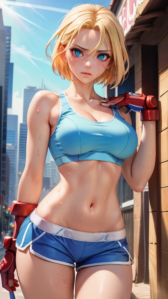 ((((masterpiece, best quality, high resolution)))), Extremely detailed 8K, 1 female, (Cammy White),(blue sports bra,shorts), (Ultra HD, Ultra-detailed, Highly detailed, Highly realistic, Ultra-realistic, photograph realistic), (1girl:1.5), (Realistic short blond hair), (dynamic poses), facing at camera, looking at viewer, (a serious focus face), (regular blue eyes, sharp eyes), (perky breasts:1.2), (beautiful detailed face, beautiful detailed eyes), ((slightly sweating)), (preparing for a workout), sweat, glow, (sunbeam, sunlight), ((cowboy shot)), streets background, seductive, EnvyBetterHands LoCon,