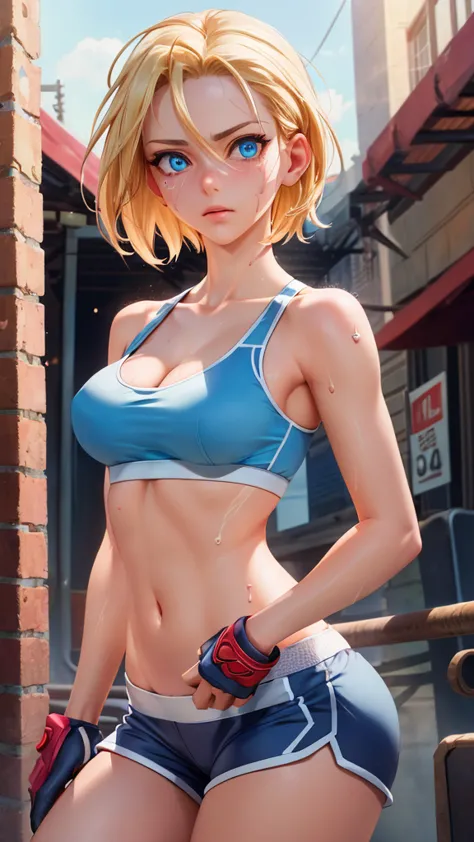 ((((masterpiece, best quality, high resolution)))), Extremely detailed 8K, 1 female, (Cammy White),(blue sports bra,shorts), (Ul...