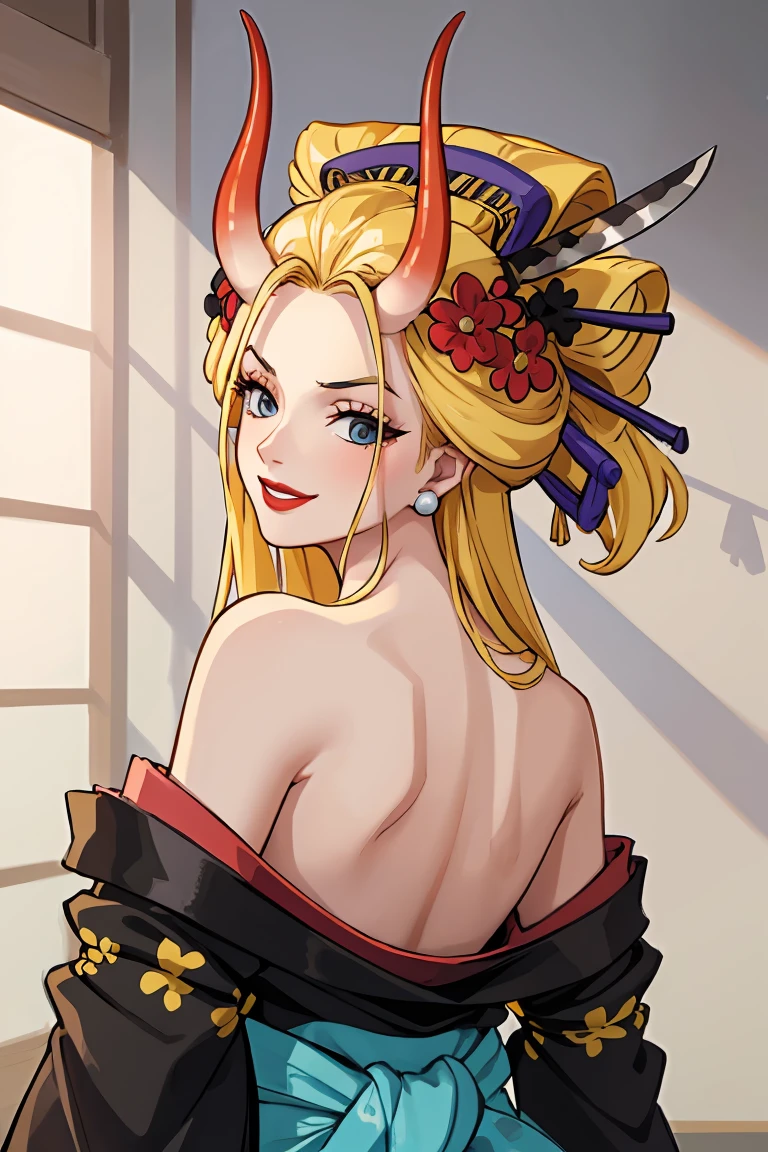 (masterpiece, best quality:1.2), solo, 1girl, blackmaria, lipstick, smile, looking back, hair stick, hair flower, horns, v-shaped eyebrows, japanese clothes, black kimono, off shoulder, earrings, bare shoulders , room,