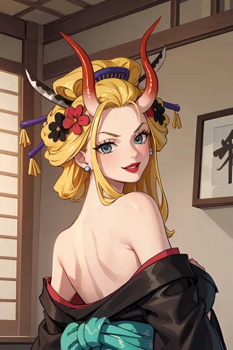 (masterpiece, best quality:1.2), solo, 1girl, blackmaria, lipstick, smile, looking back, hair stick, hair flower, horns, v-shape...