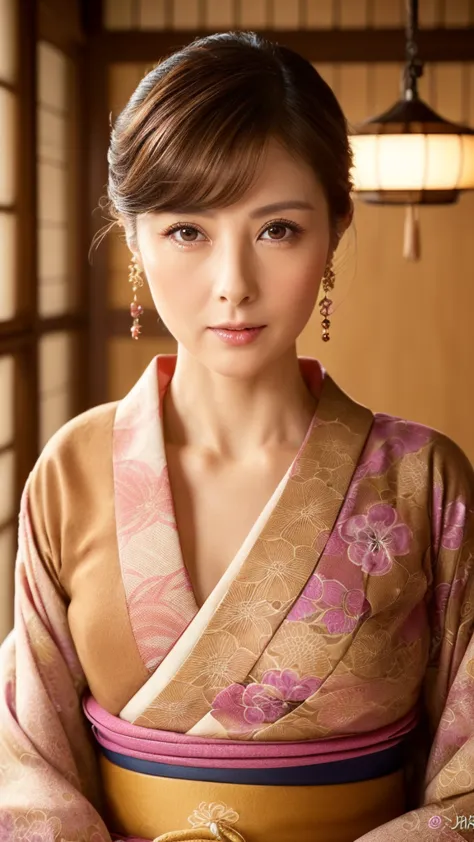 (a beauty lady, delicate lady:1.3), (50 years old), (japanese traditional kimono, brown color:1.3), very fine eye definition, (s...