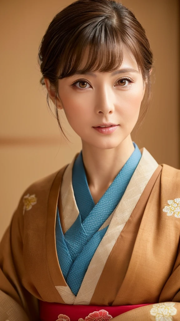 (a beauty lady, delicate lady:1.3), (50 years old), (Japanese traditional kimono, brown color:1.3), very fine eye definition, (symmetrical eyes:1.3), (Japanese traditional room), small breasts, brown eyes, parted bangs, brown hair, (eyes and faces with detailed:1.0), (masterpiece, best quality, ultra detailed, detailed face, 8k)