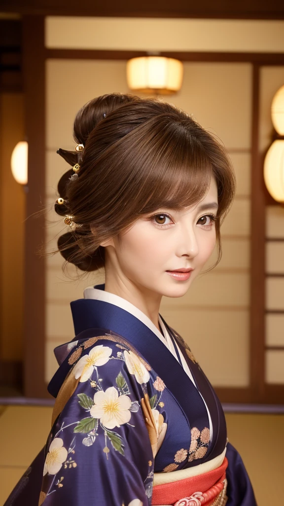 (a beauty lady, delicate lady:1.3), (50 years old), (Japanese traditional kimono, brown color:1.3), very fine eye definition, (symmetrical eyes:1.3), (Japanese traditional room), small breasts, brown eyes, parted bangs, brown hair, (eyes and faces with detailed:1.0), (masterpiece, best quality, ultra detailed, detailed face, 8k)