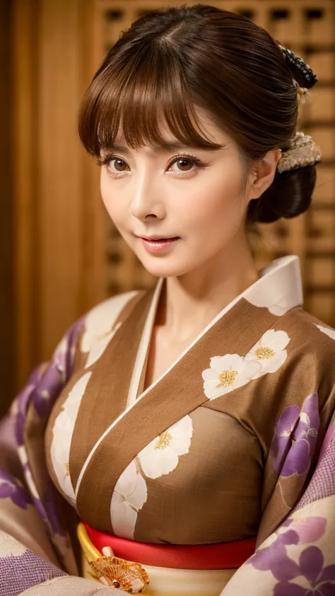 (a beauty lady, delicate lady:1.3), (50 years old), (japanese traditional kimono, brown color:1.3), very fine eye definition, (s...