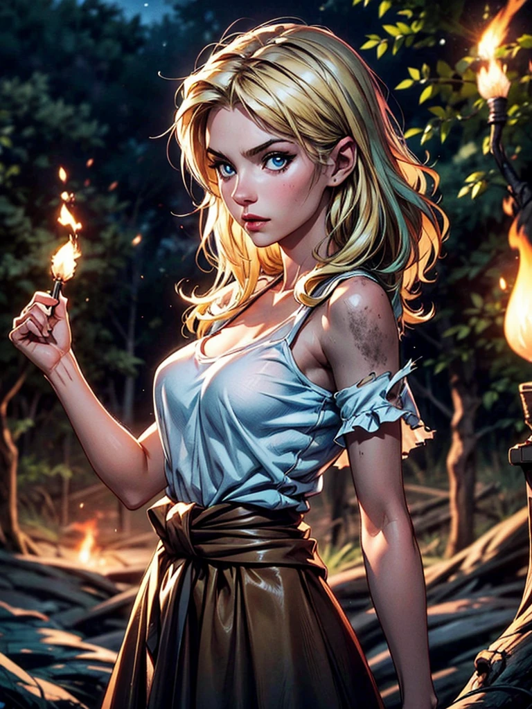 portrait of a gorgeous European blonde woman, age 23, wavy hair. 
She's dressed up in an old, dirty, torn white cotton shirt. Below, a wide brown high-waisted skirt. She wears a leather cartridge belt around her waist. A brown dusty cowboy hat on her head.
She’s standing at night, in a dark cave, only lit by wood torches.
perfect eyes, perfect hands, perfect body, perfect hair, perfect breast, hair behind ear, blurry foreground, UHD, retina, masterpiece, accurate, anatomically correct, textured skin, super detail, high details, high quality, award winning, best quality, highres, 16k, 8k,
 sultry look, seductive,
