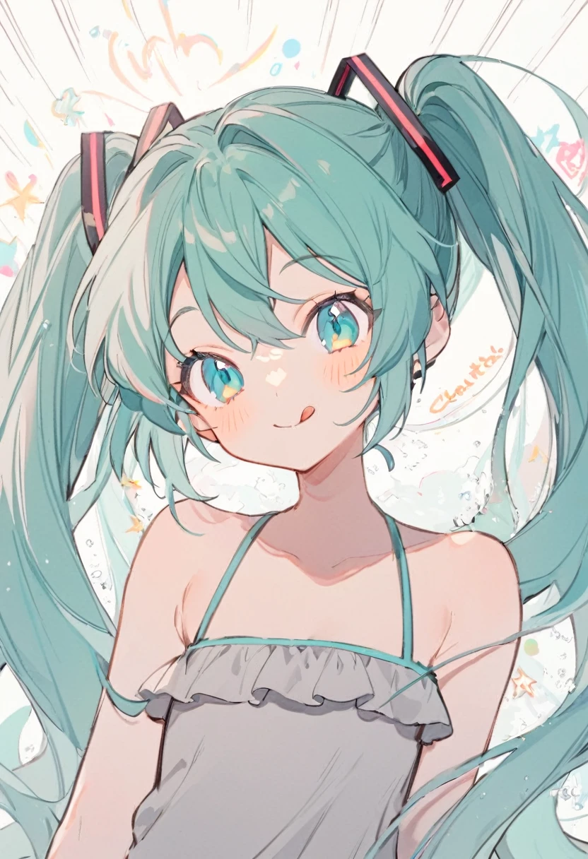 lignes douces, Une fille, Hatsune Miku, Mignon, Cheveux bleu-vert, Queues jumelles, Yeux bleu-vert,  sourire, Tirer la langue, Vêtements gris à épaules dénudées, été