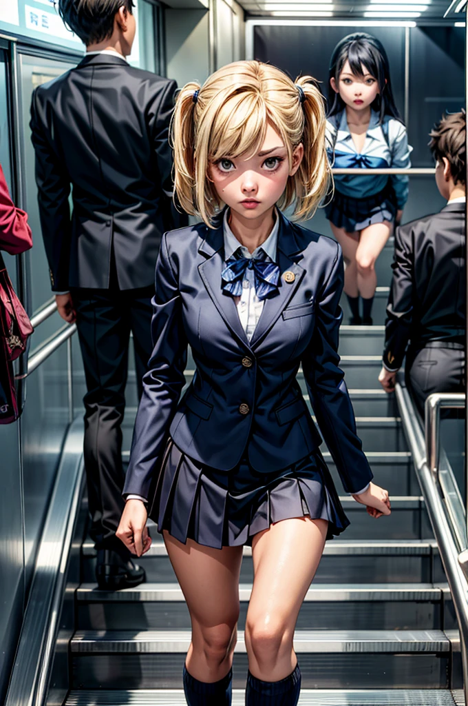 ((Highest quality)), ((masterpiece)), (Familiar),  A high school girl riding an escalator on her way to school、Glare、Navy Blazer、mini skirt、Navy blue socks、Rear view、Secret photos、(View from directly below)、Navy blue socksのクローズアップ、mangaコマ割り、Manga style、manga、Station Escalator、Everybody line up on the left、顔のみのコマとRear viewのコマ