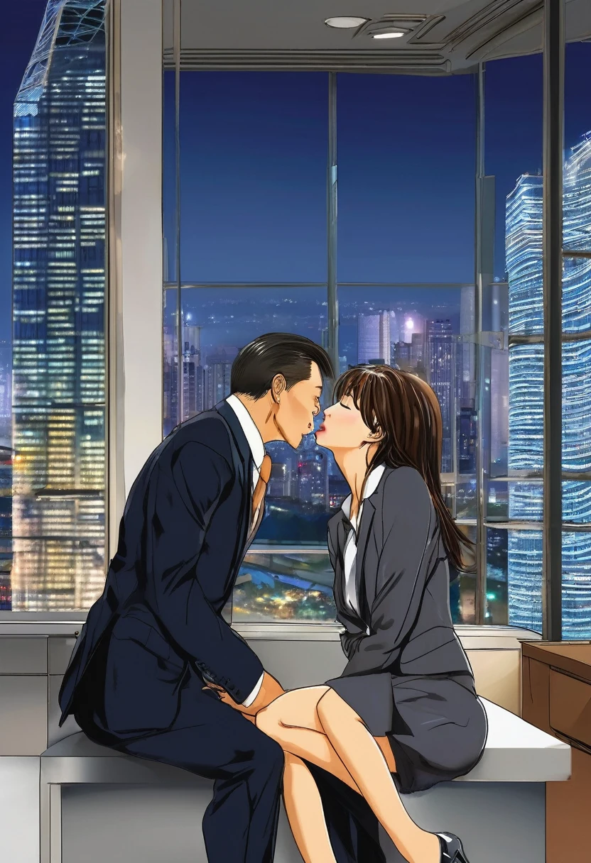 Beautiful woman crying wearing an office lady suit open button visible breasts visible niple wering mini skirt open legs no panties、(Kissing a beautiful middle-aged man in a suit:1.1) touch woman breasts and ifting the woman's skirt, her panties were visible、(In an empty office)、(A detailed face:1.5)、The background is a window with a view of a skyscraper、(Night:1.6)