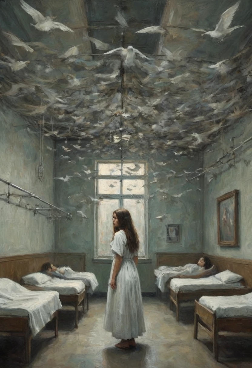 Hospital，In the cages on both sides of the dim corridor，Countless hands stretched out，Many hands，far away，A strange figure of a girl in a white dress hangs in the air，Long hair covers the face，able&#39;Can&#39;t see the face。Dim Lights，Weird atmosphere，Weird and scary，Disturbing，Minions。