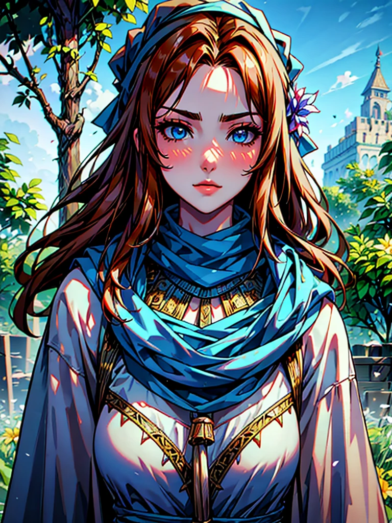 masterpiece, best quality, depth of field, HDR, intricate, absurdres, gorgeous, (detailed face), (((female peasant))) is gardening, pitchfork, nice atmosphere, enthusiastic facial expression, flower, sky, 1girl, outdoors, tree, blush, brown hair, blue eyes, day, looking at a viewer, head scarf,
 sultry look, seductive,
