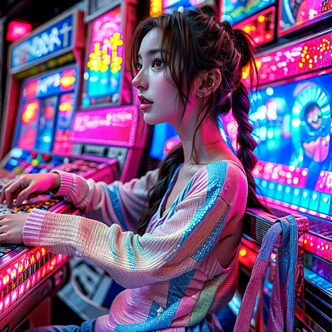 xuer game girl,full of (game machine),(temperance in heaven, life and eternity, rainbow:1.4). (full body shot:1.2),intricate,dar...