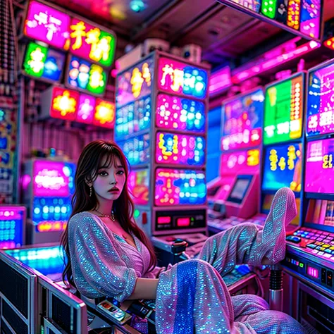 xuer game girl,full of (game machine),(temperance in heaven, life and eternity, rainbow:1.4). (full body shot:1.2),intricate,dar...