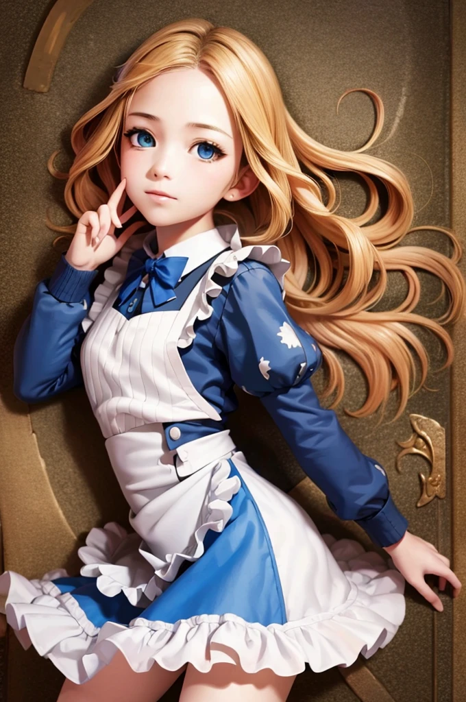 highest quality, ultra high resolution, realistic, cute girl pictures, detailed face, (Pueros face_V1:0.008), alice in wonderland, 13yo, blonde wavy hair, white apron, blue clothes, playing card pattern background, no makeup