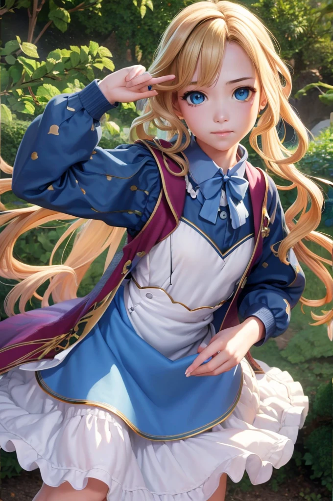 highest quality, ultra high resolution, realistic, cute girl pictures, detailed face, (Pueros face_V1:0.008), alice in wonderland, 13yo, blonde wavy hair, white apron, blue clothes, playing card pattern background, no makeup