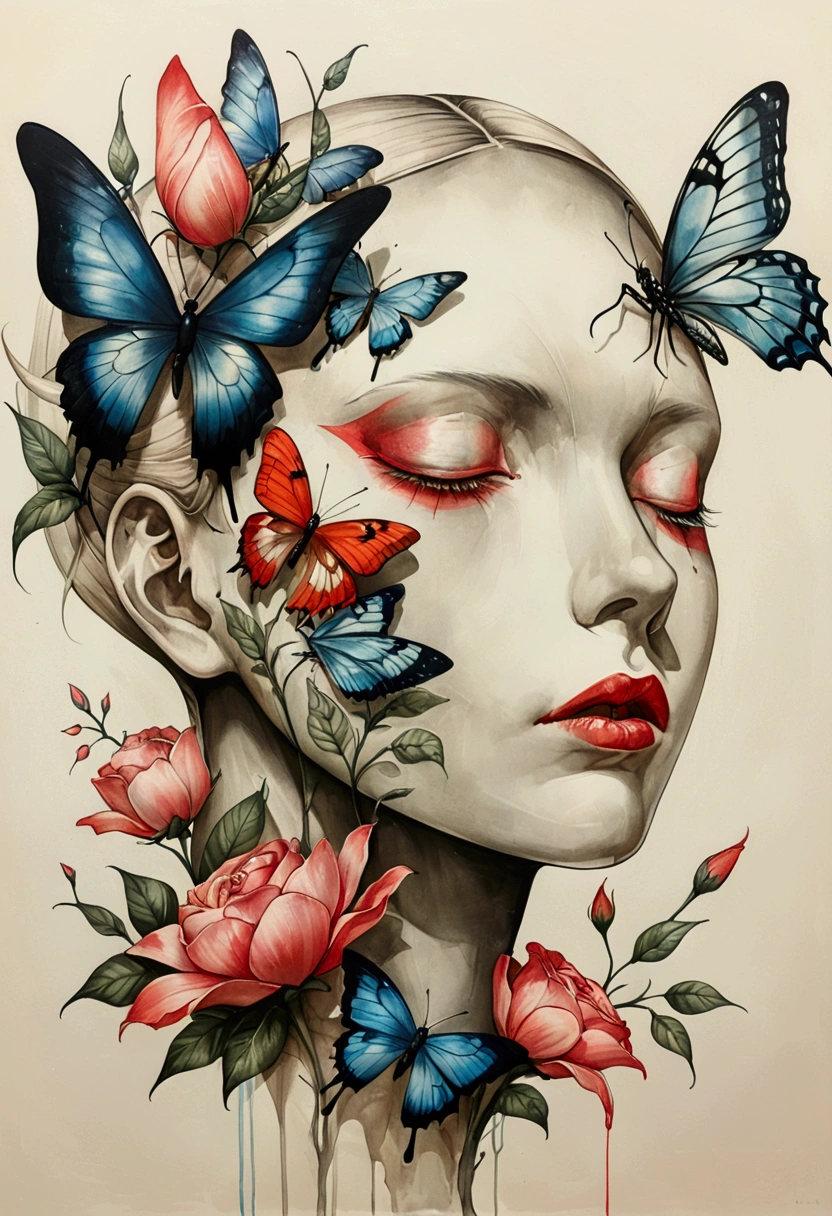 Colored lead paintingSimple ink painting：Inspired by Marco Mazzoni,Profile portrait - head up，bird、Butterfly、Plants and flowers。