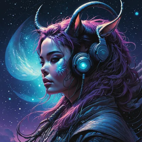 anime, fantasy, girl, cat, headphones, space, stars, space, artgerm julie bell beeple, cosmic tiefling d&d, detailed matte fanta...