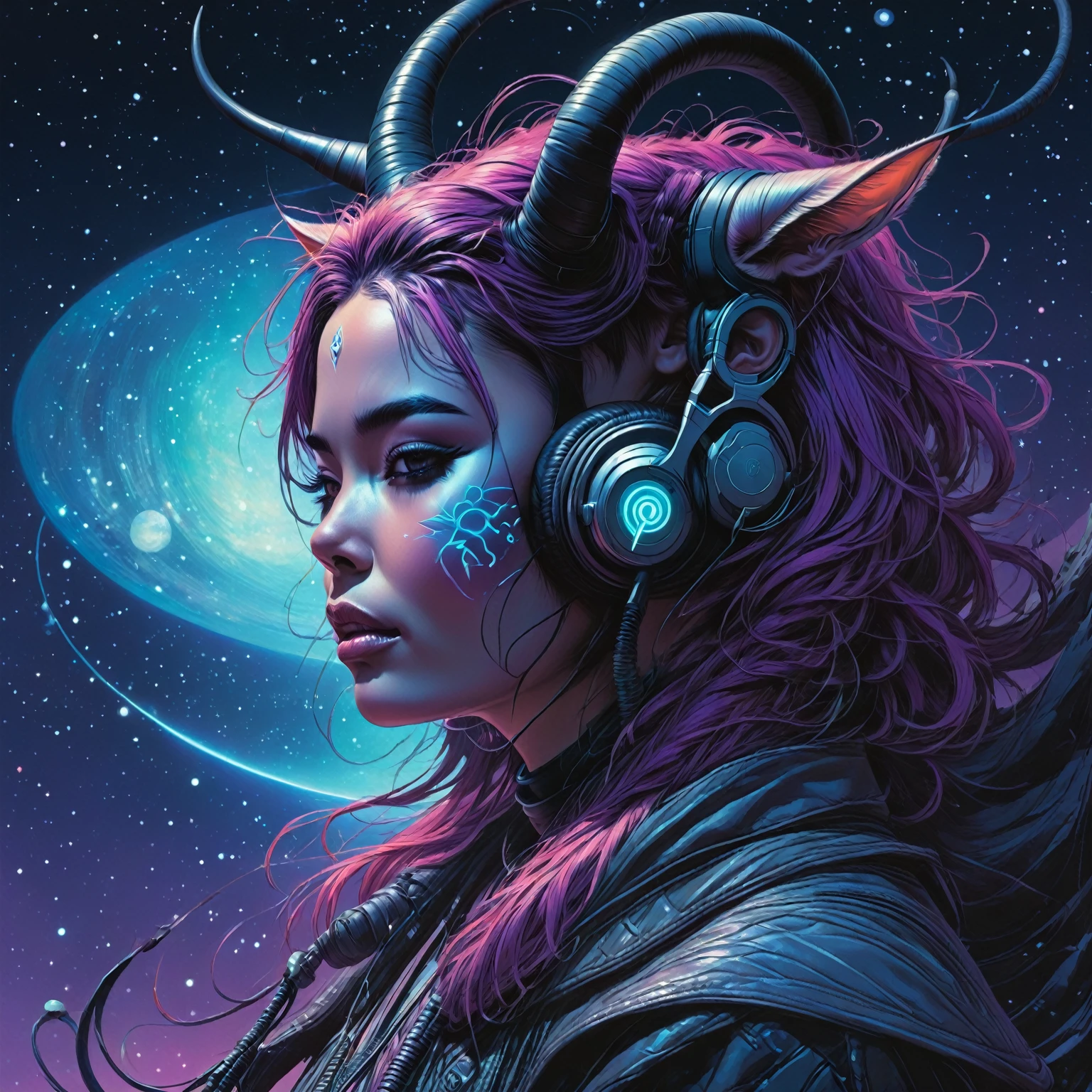 anime, fantasy, girl, cat, headphones, space, stars, space, artgerm julie bell beeple, cosmic tiefling d&d, detailed matte fantasy portrait, fantasy concept art portrait, detailed fantasy digital art, epic fantasy digital art style, fantasy art portrait, detailed digital 2d fantasy art, portrait of ahri, beautiful fantasy art portrait