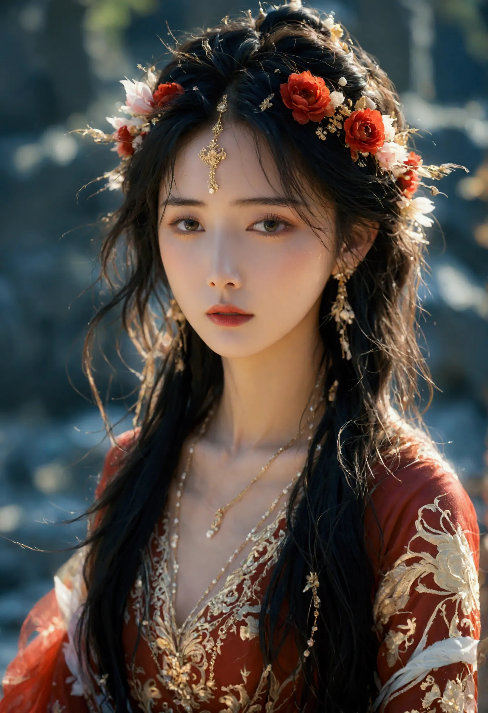 beautyful woman in a silk dress with a flower crown on her head, red and gold attire a stunning portrait of a goddess, a beautif...