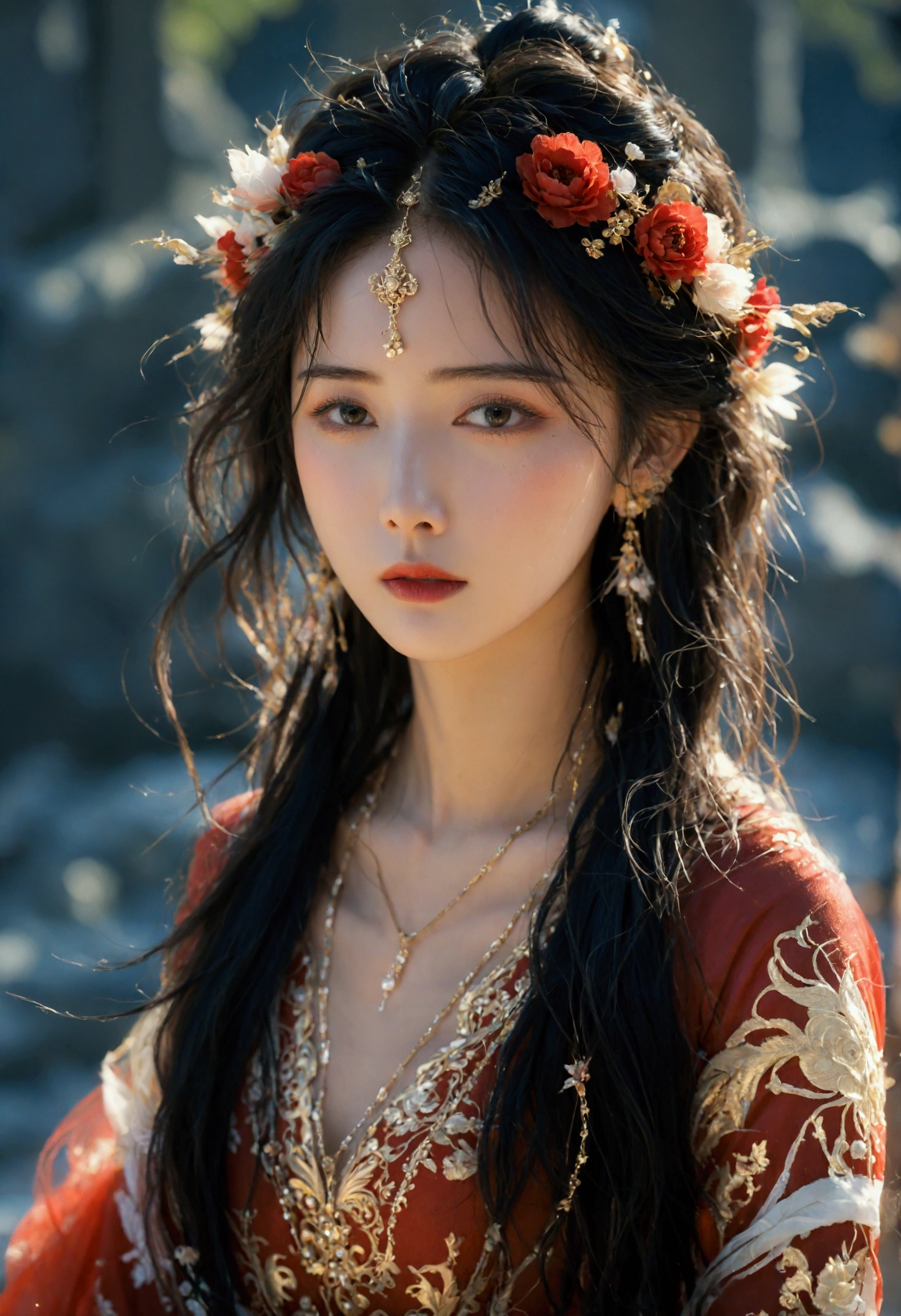 beautyful woman in a silk dress with a flower crown on her head, red and gold attire a stunning portrait of a goddess, a beautiful fantasy empress, traditional beauty, beautiful oriental woman, portrait of a beautiful goddess, wearing an ornate outfit, wearing ornate clothing, extremely detailed goddess shot, ((a beautiful fantasy empress)), dressed in ornate, goddess. extremely high detail, ornate clothing -style 999