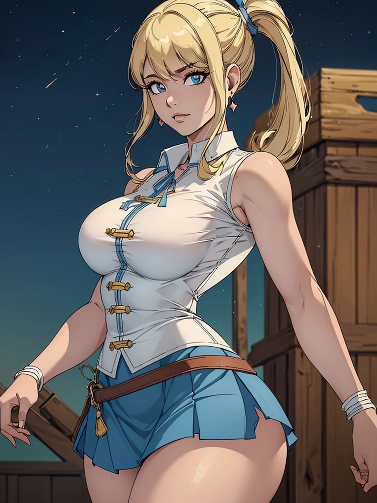 Just one girl,Best quality, 4k, high resolution, body stuck dress, perfect smile, gorgeous, light skin, ahegao face(hentai face) ,blonde hair, pony tail hair,
Wearing white office shirt, wearing blue short skirt,clothes are stuck in body, bodyfit outfit,1 girl, solo, seductive look, elegance and charm, (masterpiece, best quality, high resolution), looking at the viewer, standing, (intricate and beautiful:1.2), (detailed light:1.2), (soft light, side light), (high resolution textures, outdoor, Burmese girl, wearing gorgeous jewelary, wearing harness over the outfit ,outdoor background, sun light, attractive, sexy, mature and hot, young,(masterpiece:1.3), (disorganized:1.3), (highest quality:1.3), perfect anatomy, detailed face, front view, perfect right hands, looking at viewer, (Super detailed:1.3), (best shadow:0.7), (treated hair), fine eyes, beautiful eyes, young aged woman, alone, standing, crystal earrings,closed_mouth, , outdoors,Thick thighs, arrogant face, small 