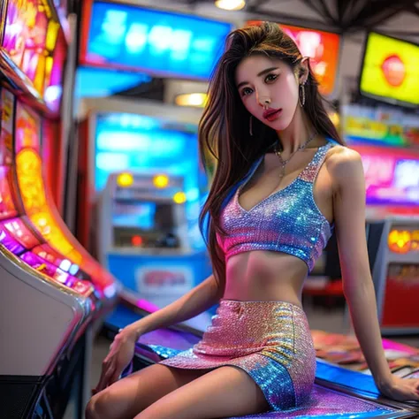 xuer game girl playing pin ball machine, sexy mini skirt, down blouse, full of (game machine),(temperance in heaven, life and et...