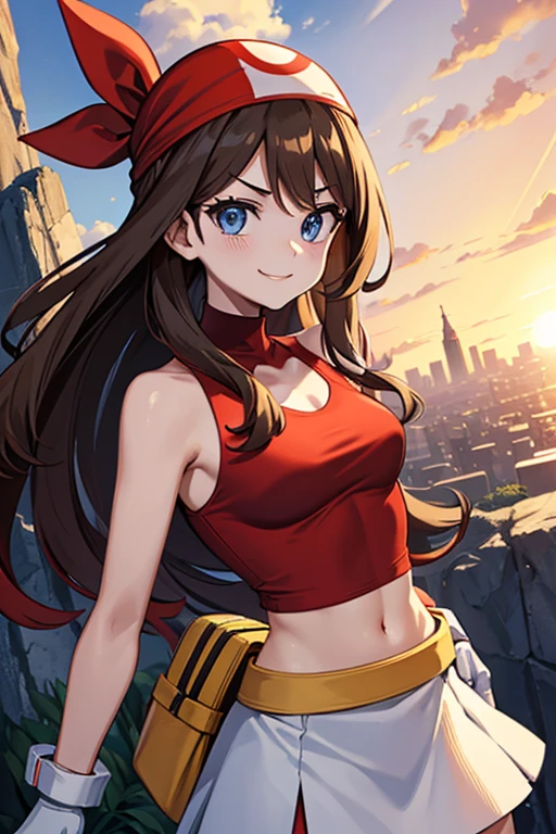 adult_may_from_pokemon, (full_red_high_neck_halter_top | bare shoulders | neckholder), (red_bandana), (short_white_skirt), small_midriff, (long wavy hair | very long hair | brown hair), (one_yellow_fanny_pack_on_left_side), gloves, blue eyes, motivated, evil, villain, challenging_smile, nature, town, skinny, female, high resolution, 8k, cowboy shot