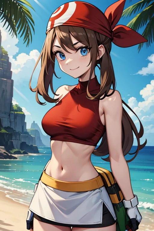 adult_may_from_pokemon, (red_high_neck_halter_top | bare shoulders | neckholder | underboob), (red_bandana), (short_white_skirt), small_midriff, (long wavy hair | very long hair | brown hair), (one_yellow_fanny_pack_on_left_side), gloves, blue eyes, small_boobs, motivated, evil, villain, challenging_smile, nature, town, skinny, female, high resolution, 8k, cowboy shot