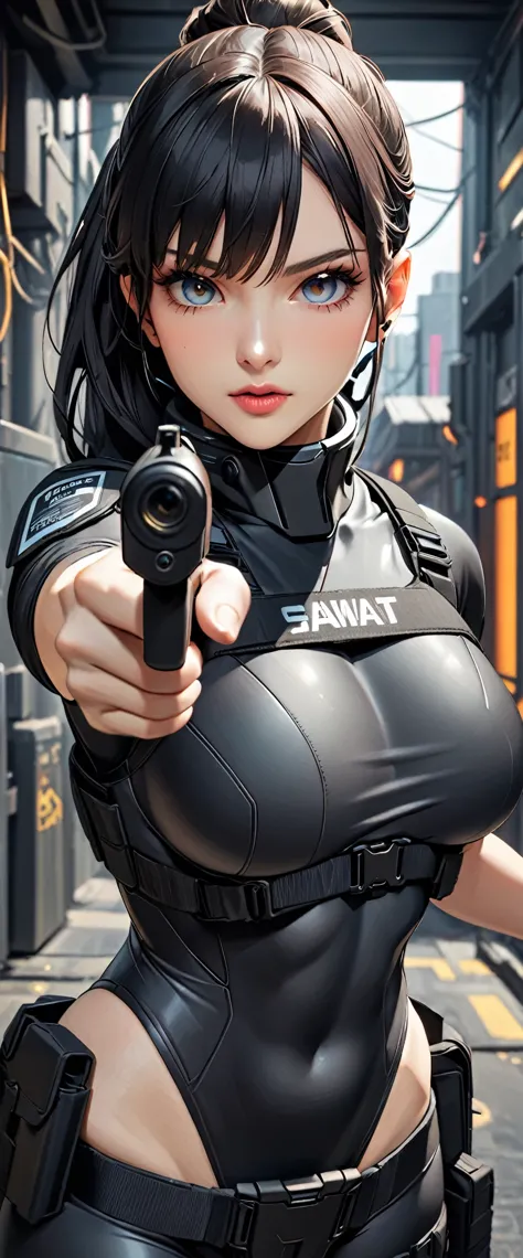 (masterpiece:1.2,highest quality,highest quality,very detailed:1.2),8k,wallpaper,(one woman),(future female swat team member),((...