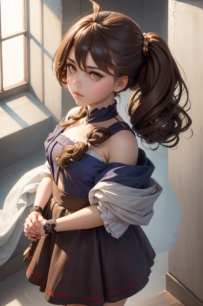 a close up of the head of a doll on a pedestal, 1girl, solo, looking at viewer, maid headdress, brown hair, maid, twintails